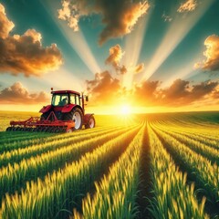 Obraz premium Sunset Tractor in Wheat Field