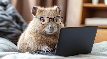 Frustrated wombat working on laptop in cozy room animal humor fun environment quirky perspective