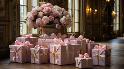 Wedding gifts WITH flowers in an elegant royal home palace