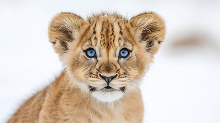 Fototapeta premium Adorable lion cub with bright blue eyes in snowy setting.