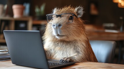 Frustrated capybara in glasses battles laptop at cozy home office showcasing humorous animal lifestyle