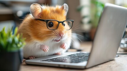 Fototapeta premium Frustrated hamster working on laptop home office digital content cozy environment close-up view humorous concept