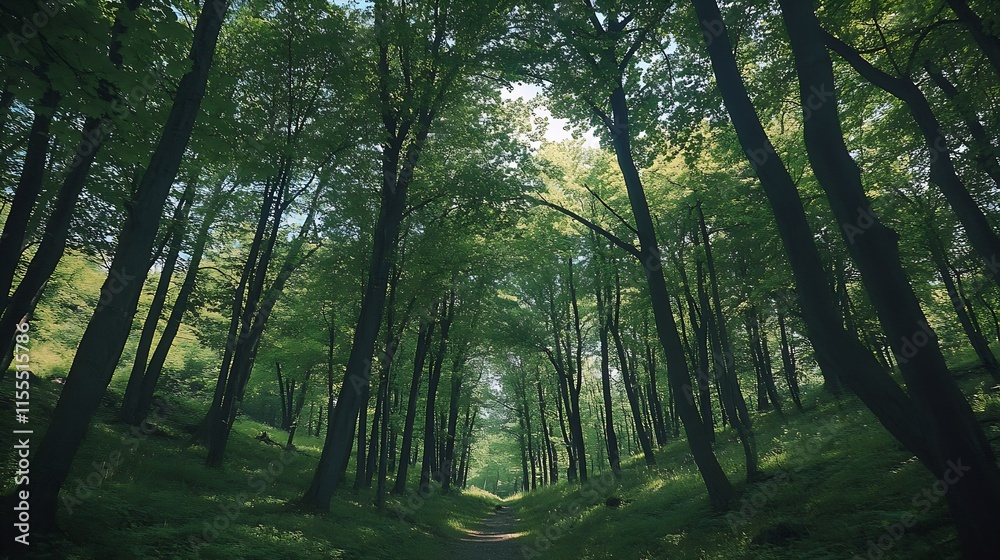 Poster verdant summer forest path with lush tree canopy and sunny ambiance : generative ai