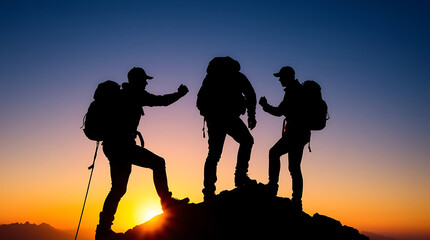 Fototapeta premium Silhouetted climbers on a mountain peak, teamwork, team, work together, business team concept, unity, hiking, helping team, business success, group support, leadership, team building