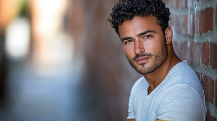 Fototapeta premium Confident man leaning against a brick wall with a subtle smirk in an urban setting