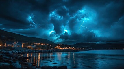 A stormy night with a bright lightning bolt in the sky