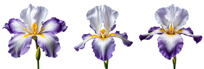 Set of purple and white iris flowers with yellow center on a transparent background