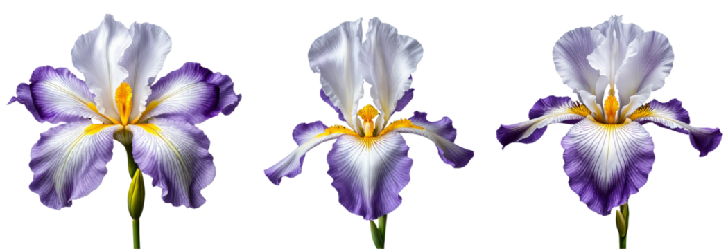 Set of purple and white iris flowers with yellow center on a transparent background