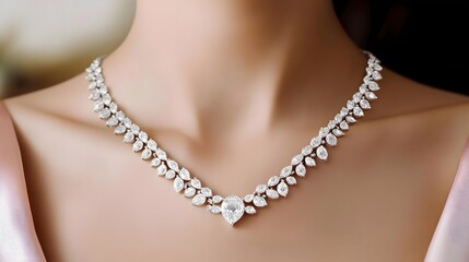 Elegant diamond necklace displayed on a neckline, showcasing luxury and fashion.