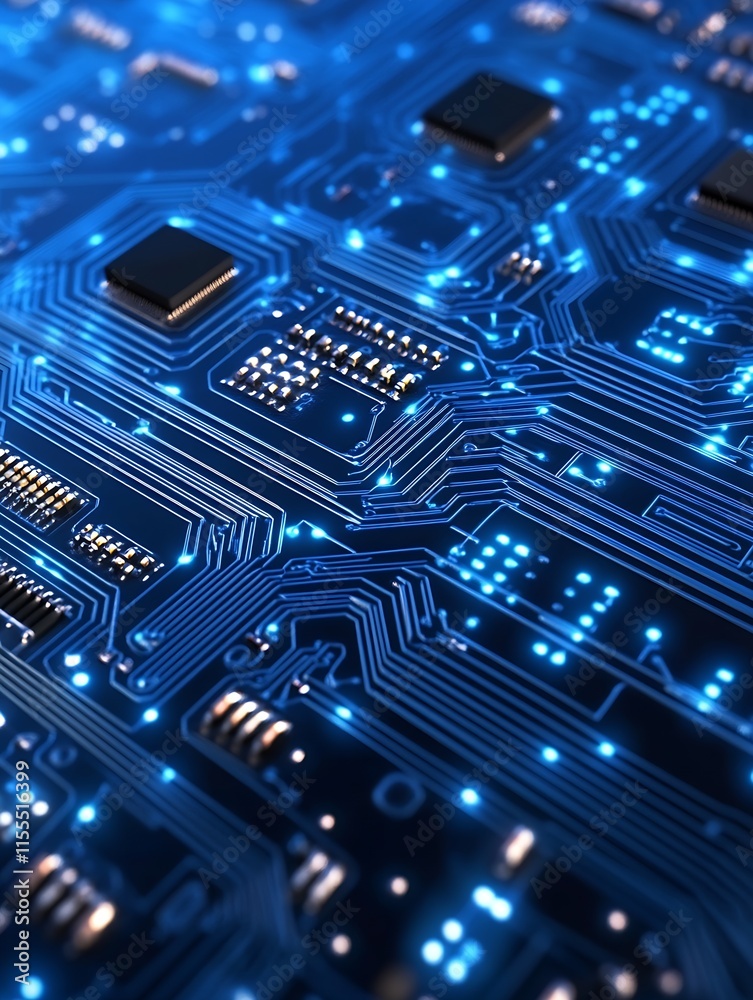 Leinwandbilder closeup of blue microchip circuit board with illuminated details : generative ai