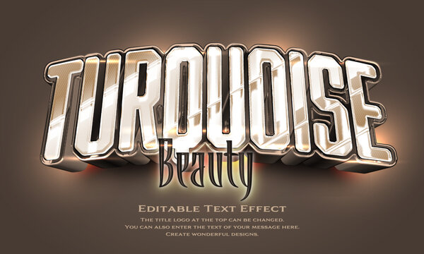 &rdquo;Turquoise Beauty&rdquo; Editable title logo text style effect in metallic reddish antique gold with glossy and luster, sans serif typeface
