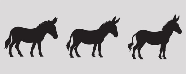 Three donkey silhouettes in different stances on a gray background, emphasizing movement and simplicity in a minimalistic design