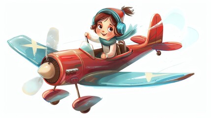 A cartoon illustration of a girl flying a red plane with a blue wing.