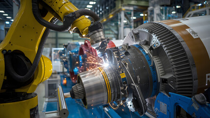 Fototapeta premium Rocket assembly facility interior showcasing advanced technology and precision engineering, where skilled technicians meticulously construct and test spacecraft components