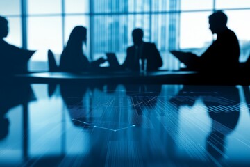 Silhouetted businesspeople in meeting, financial data reflected on table.