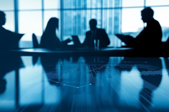 Silhouetted businesspeople in meeting, financial data reflected on table.