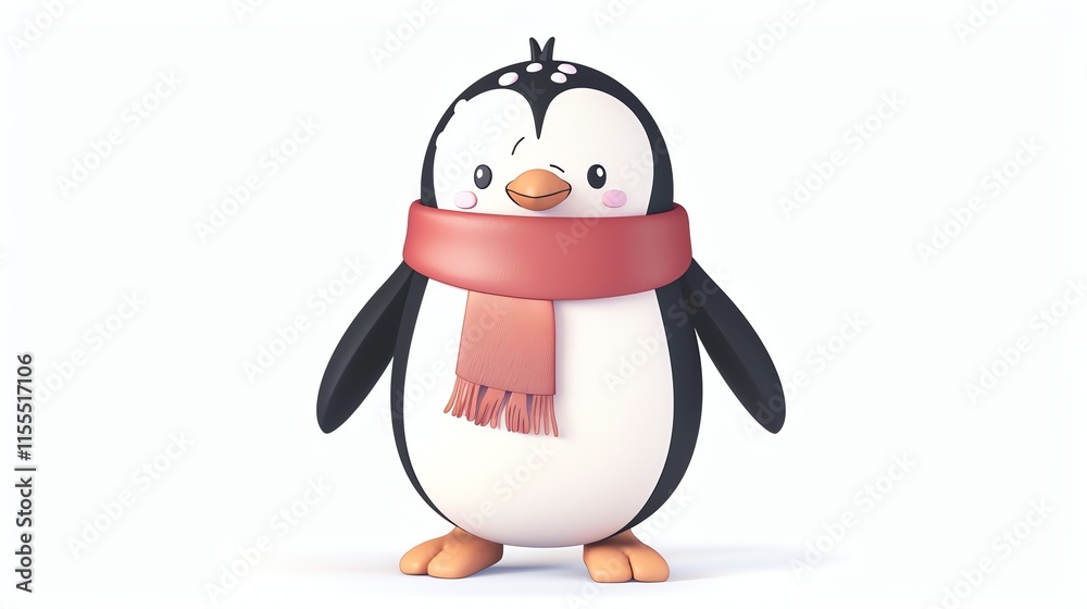 Canvas Prints A cartoon penguin wearing a red scarf and a happy expression stands against a white background.