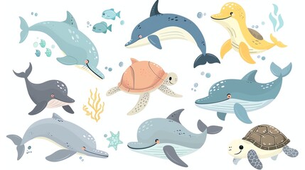 Obraz premium A set of cartoon sea creatures, including dolphins and turtles, against a white background.