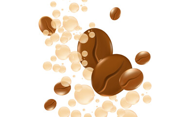 Elegant 3D floating coffee beans with fluid milk or cream bubbles splash isolated PNG, transparent background. Liquid coffee decoration for menu, coffee shop poster ads, infographic, commercial banner
