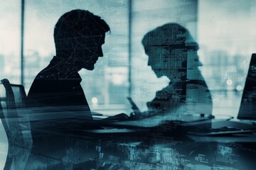 Silhouetted business colleagues working together at a desk, overlaid with data streams.