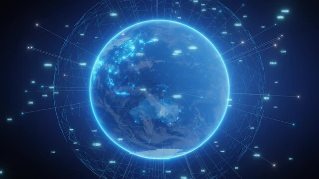 Illuminated Earth surrounded by glowing data networks, representing global connectivity, technology advancements, and digital communication. - Powered by Adobe