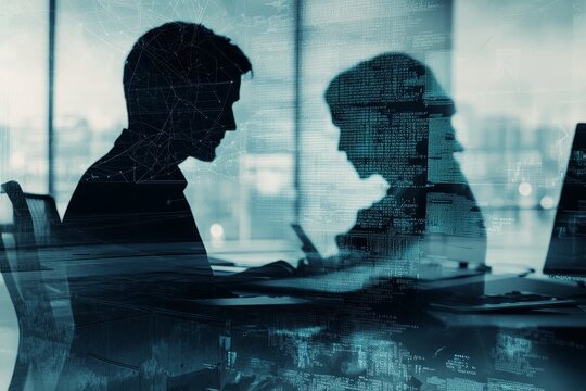 Silhouetted business colleagues working together at a desk, overlaid with data streams.