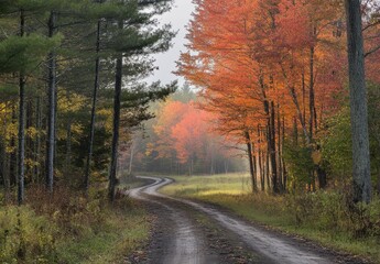 Obraz premium Serene Country Road Curved Through Autumn Forest with Vibrant Orange and Yellow Leaves Under Soft Morning Light