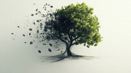 conceptual image of tree with one side lush and green, while other side disintegrates into black leaves, symbolizing growth, decay, and transformation