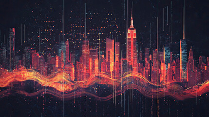 An abstract design representing the heartbeat of New York City – jagged lines, overlapping shapes, and pulsating lights 