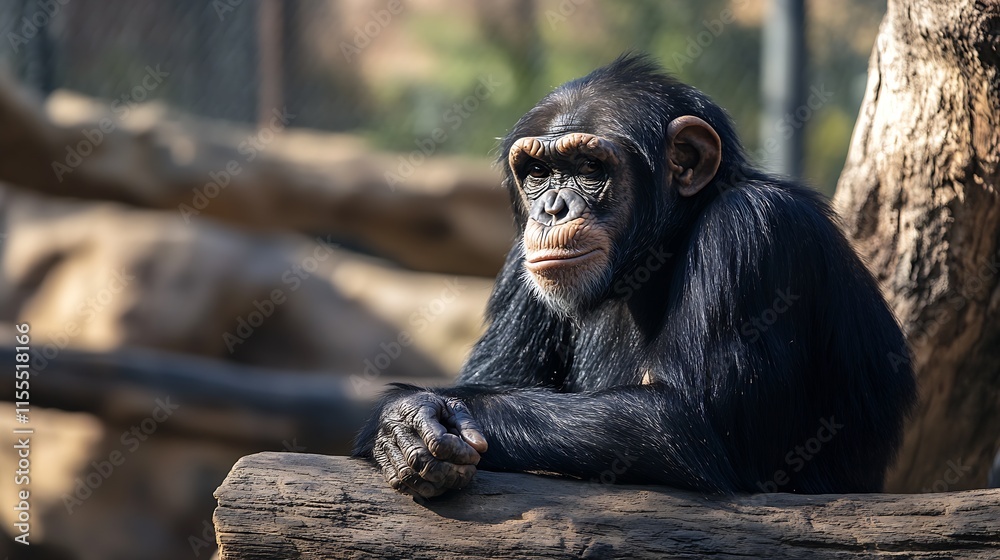 Poster Thoughtful Chimpanzee Resting on a Tree Trunk in Natural Zoo Habitat : Generative AI