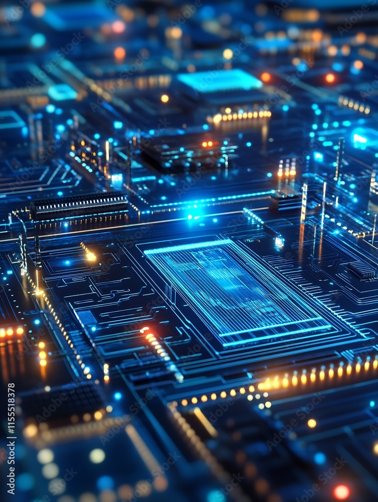 Aufkleber Complex Circuit Arrangement with Blue and Orange Light Patterns in Tech Environment : Generative AI