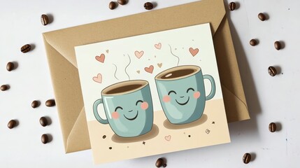 Whimsical coffee mugs card with hearts and kraft envelope for a cheerful occasion