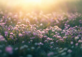 Obraz premium Serene Meadow Filled with Delicate Wildflowers Bathed in Soft Golden Light, Evoking a Sense of Tranquility and Connection to Nature in a Breathtaking Landscape