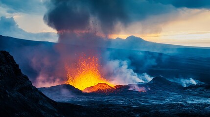 Fototapeta premium Volcanic Eruption with Explosive Lava and Dense Smoke Columns Against Twilight Mountainscape : Generative AI