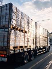 Naklejka premium Transport Truck Carrying Warehouse Pallets on City Road at Dusk : Generative AI