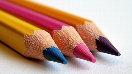 Obraz premium Close up of three sharpened colored pencils in yellow, pink, and purple, arranged diagonally on white background, showcasing their vibrant tips and wooden texture