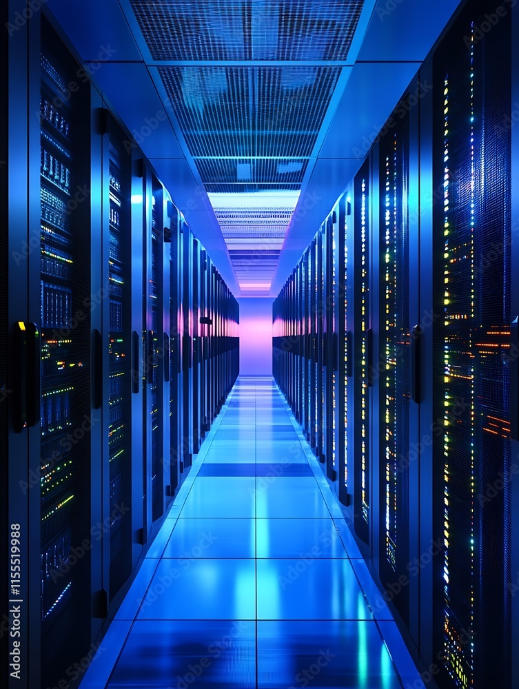 Poster modern data center server room with blue glowing lights : generative ai
