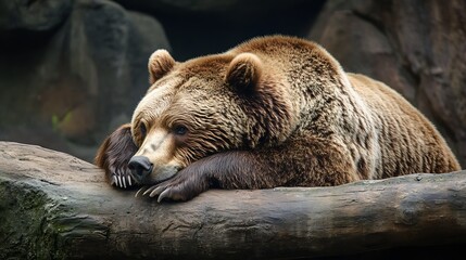 Resting Grizzly Bear on Large Rock in Natural Habitat with Lush Background : Generative AI