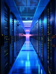 Fototapeta premium Modern data center server room with blue glowing lights : Generative AI
