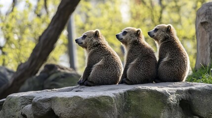 Obraz premium Three Bear Cubs Sitting on Boulder in Sunlit Forest Woodland Habitat : Generative AI