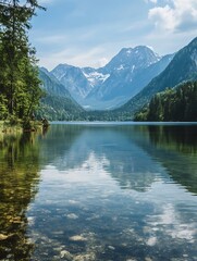 Fototapeta premium Majestic Alpine Lake with SnowCapped Mountain Reflections : Generative AI
