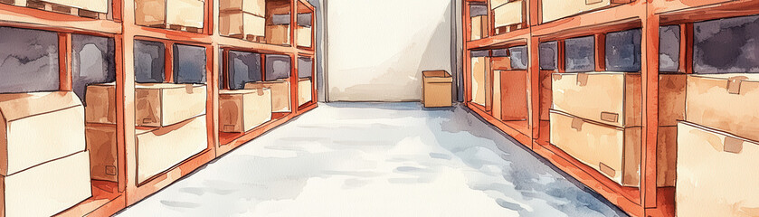 Supply chain management logistics technology. A spacious storage area with shelves filled with boxes and a clear pathway.