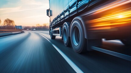 A dynamic shot of a truck on a highway during sunset, showcasing speed.