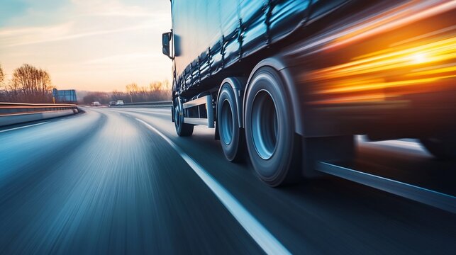 A dynamic shot of a truck on a highway during sunset, showcasing speed.