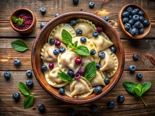 Low Light Blueberry Dumplings: Clay Bowl Pierogi Vareniki Flat Lay Photography