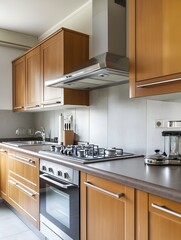 Fototapeta premium Warm Wooden Kitchen Interior with Modern Appliances and Practical Countertop Layout : Generative AI