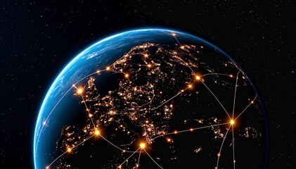 Earth from space with glowing city lights and network connections visible across the globe