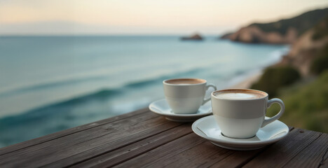 Two white coffee cups on wooden table by ocean. Cups are filled with coffee and are placed on white plate. Concept of relaxation and leisure, as cups are situated by water.