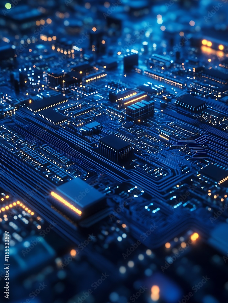 Poster Hightech illuminated blue microchip circuit board showcasing futuristic electronics design : Generative AI
