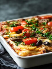 Homemade Vegetable Lasagna with Fresh Mozzarella and Heirloom Tomatoes in Baking Dish : Generative AI